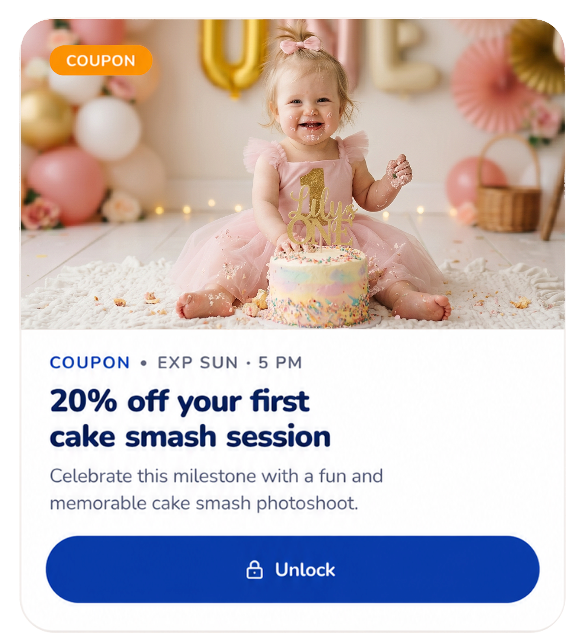 Coupon — 20% off your first cake smash session, unlocked in-app