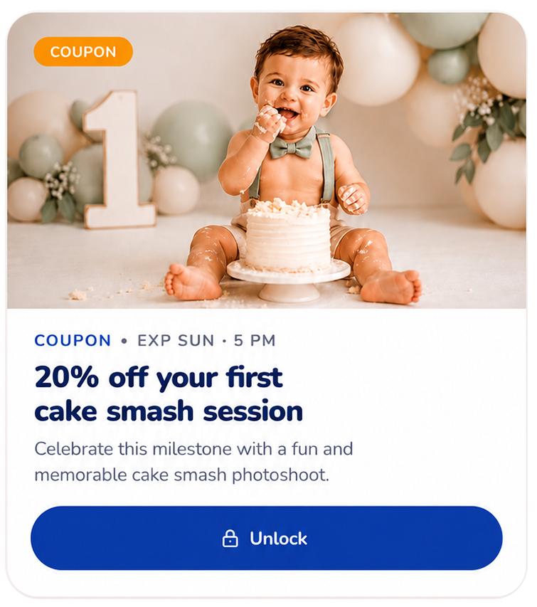 Coupon — 20% off your first cake smash session, unlocked in-app