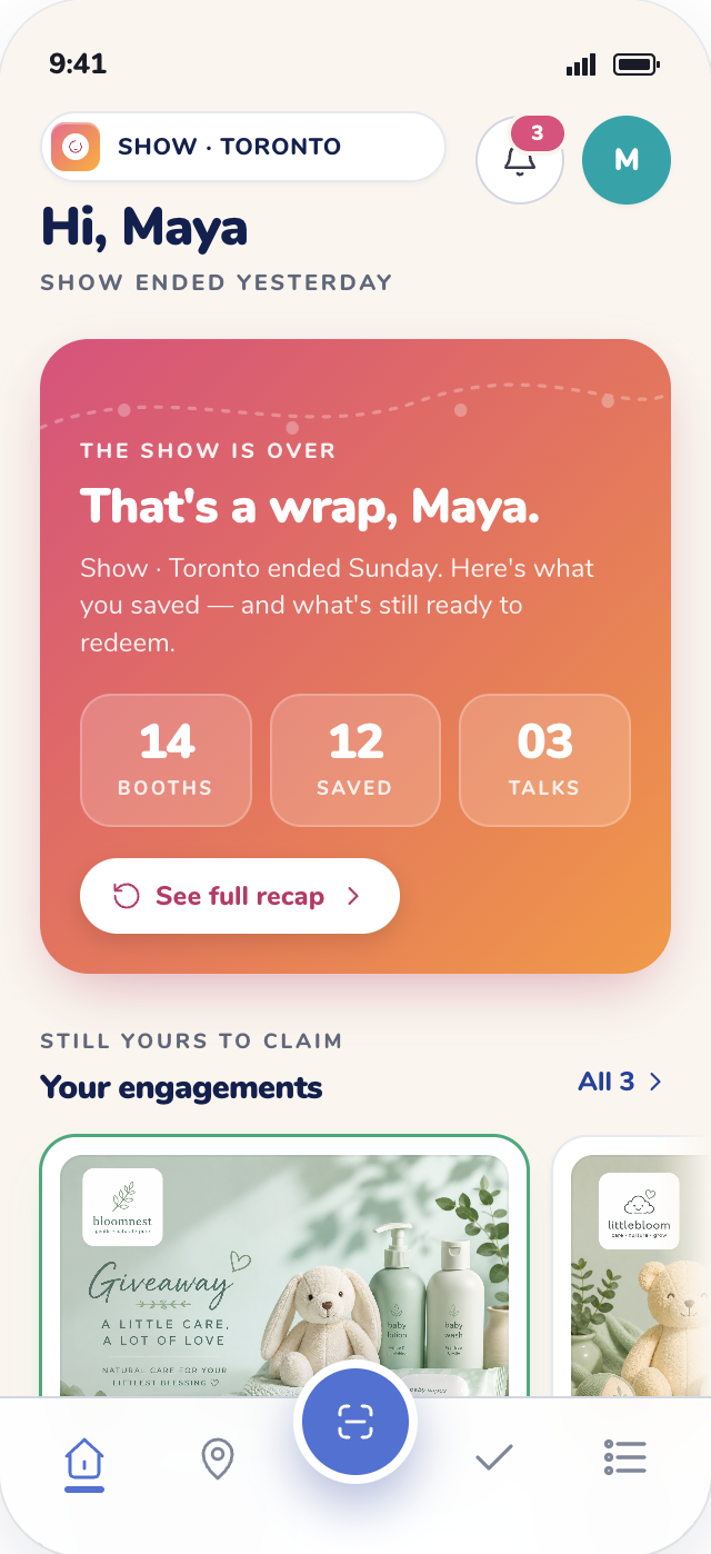 ShowTrail — your post-show recap: booths, saves and engagements still ready to claim