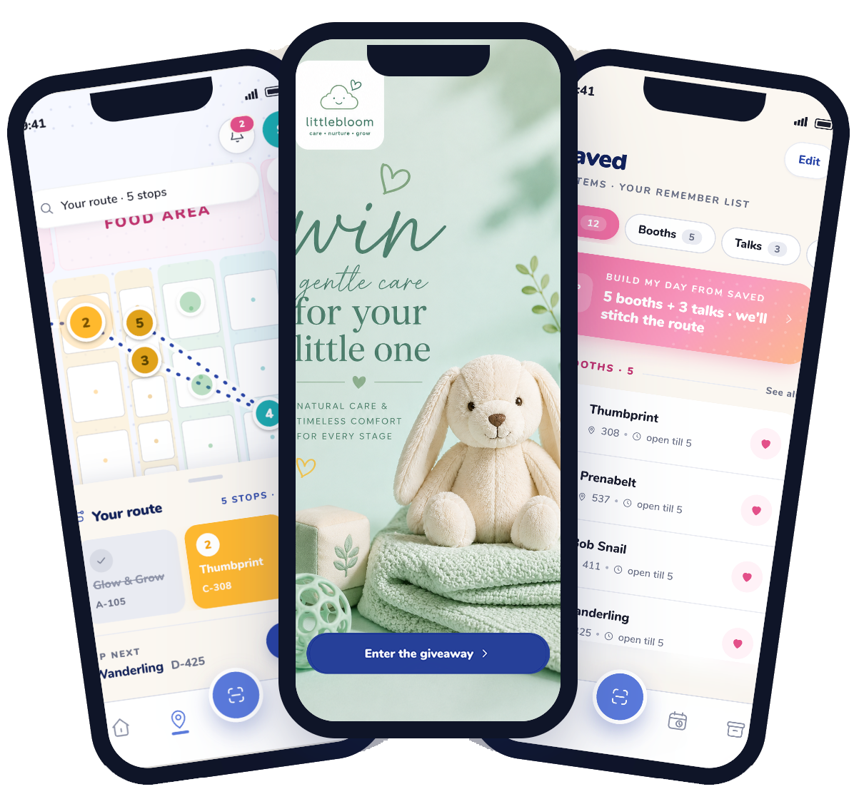 ShowTrail app — the floor map with your route, a giveaway entry, and your saved booths list