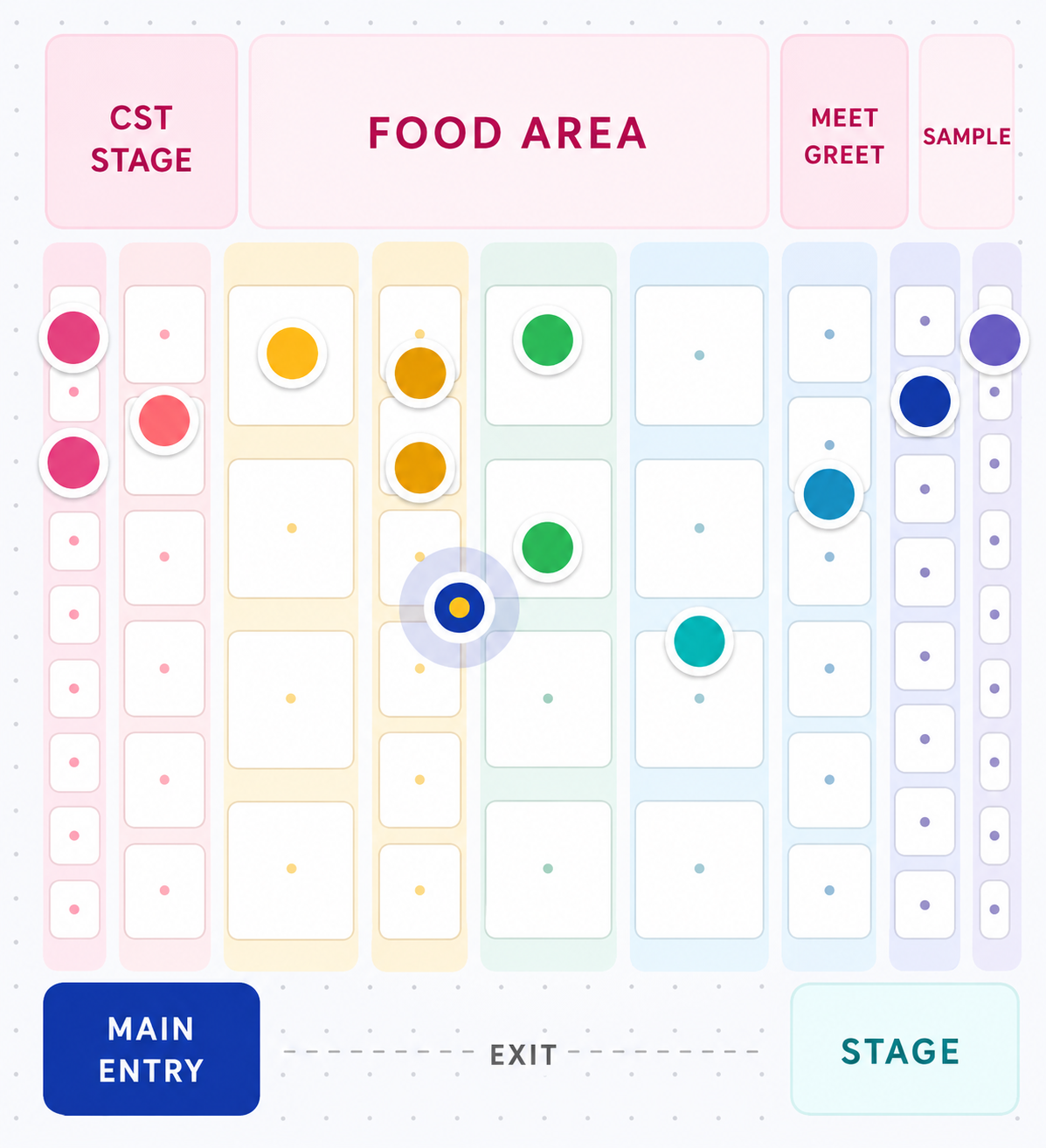 The Baby Show floor map — Hall B at the Enercare Centre, with booths, the CST and main stages, food area and meet-and-greets